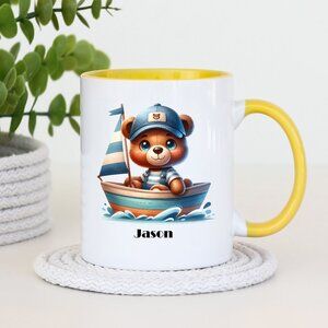 Personalized Kids Gift, Sailboat, Teddy Bear, Kawaii, Boys Cup